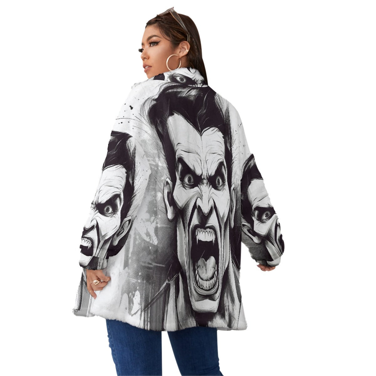 All-Over Print Unisex Borg Fleece Stand-up Collar Coat With Zipper Closure(Plus Size)