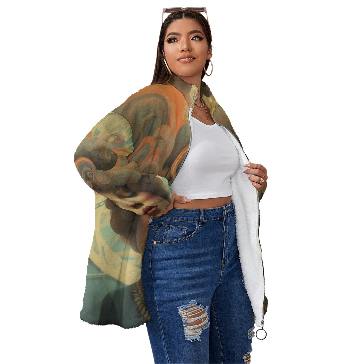 All-Over Print Unisex Borg Fleece Stand-up Collar Coat With Zipper Closure(Plus Size)