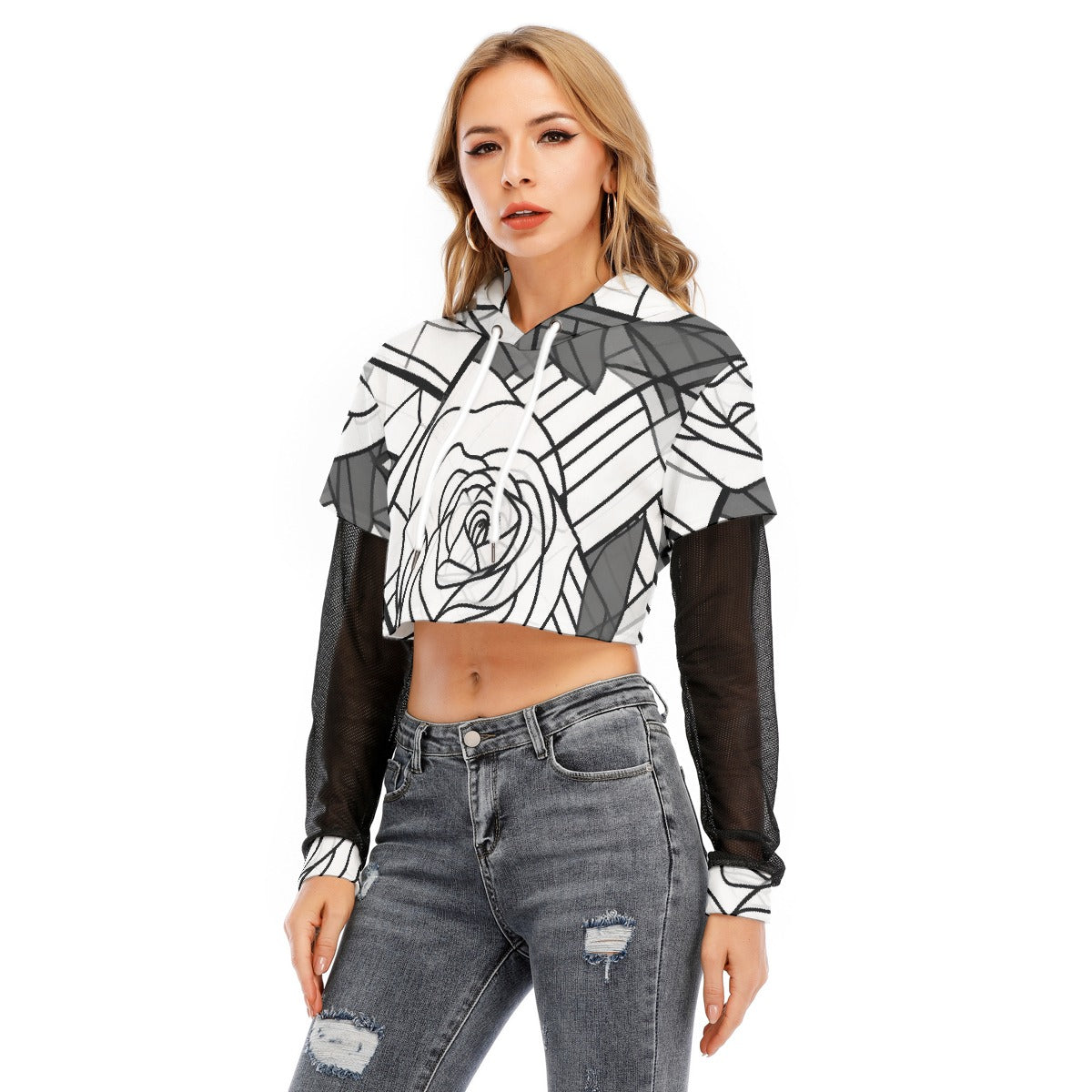 All-Over Print Women's Fake Two-piece Mesh Sleeve Cropped Hoodie