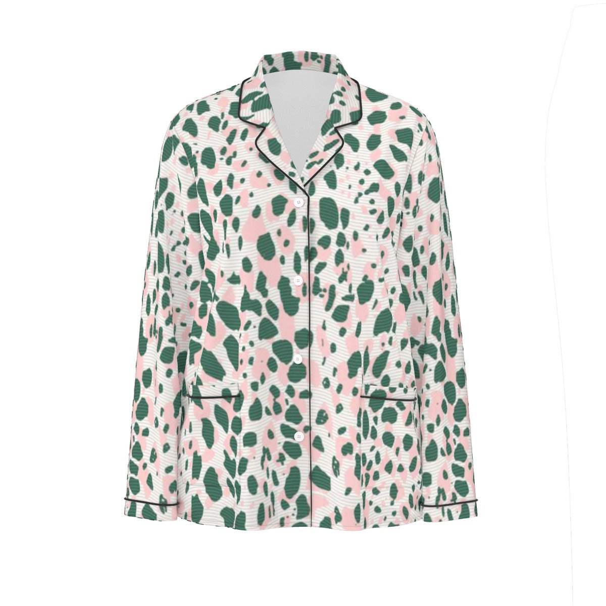 All-Over Print Women's Long Sleeve Pajama Set With Black Contrast Piping