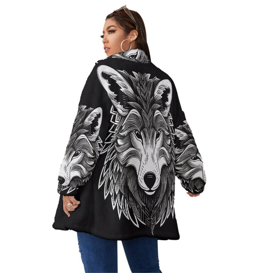 All-Over Print Unisex Borg Fleece Stand-up Collar Coat With Zipper Closure(Plus Size)