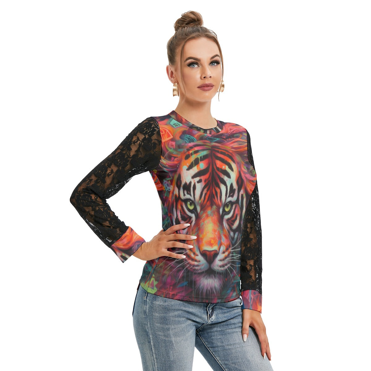 All-Over Print Women's T-shirt And Sleeve With Black Lace