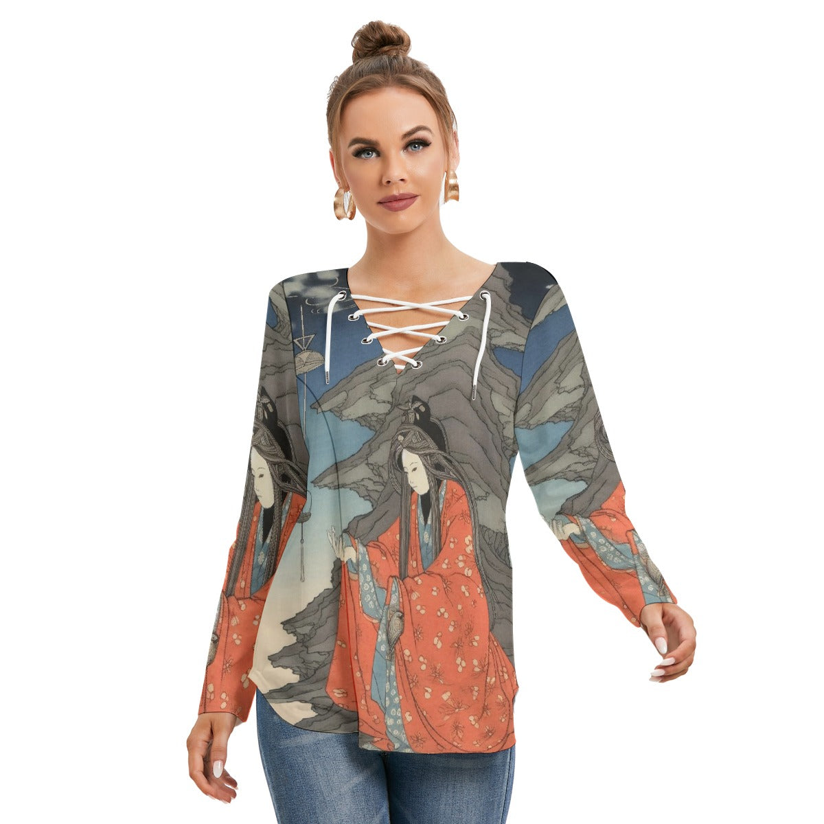 All-Over Print Women's Long Sleeve Neckline Tie Sweatshirt