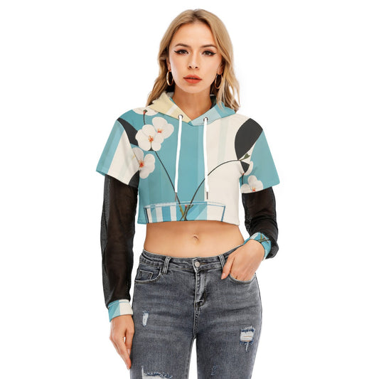 All-Over Print Women's Fake Two-piece Mesh Sleeve Cropped Hoodie