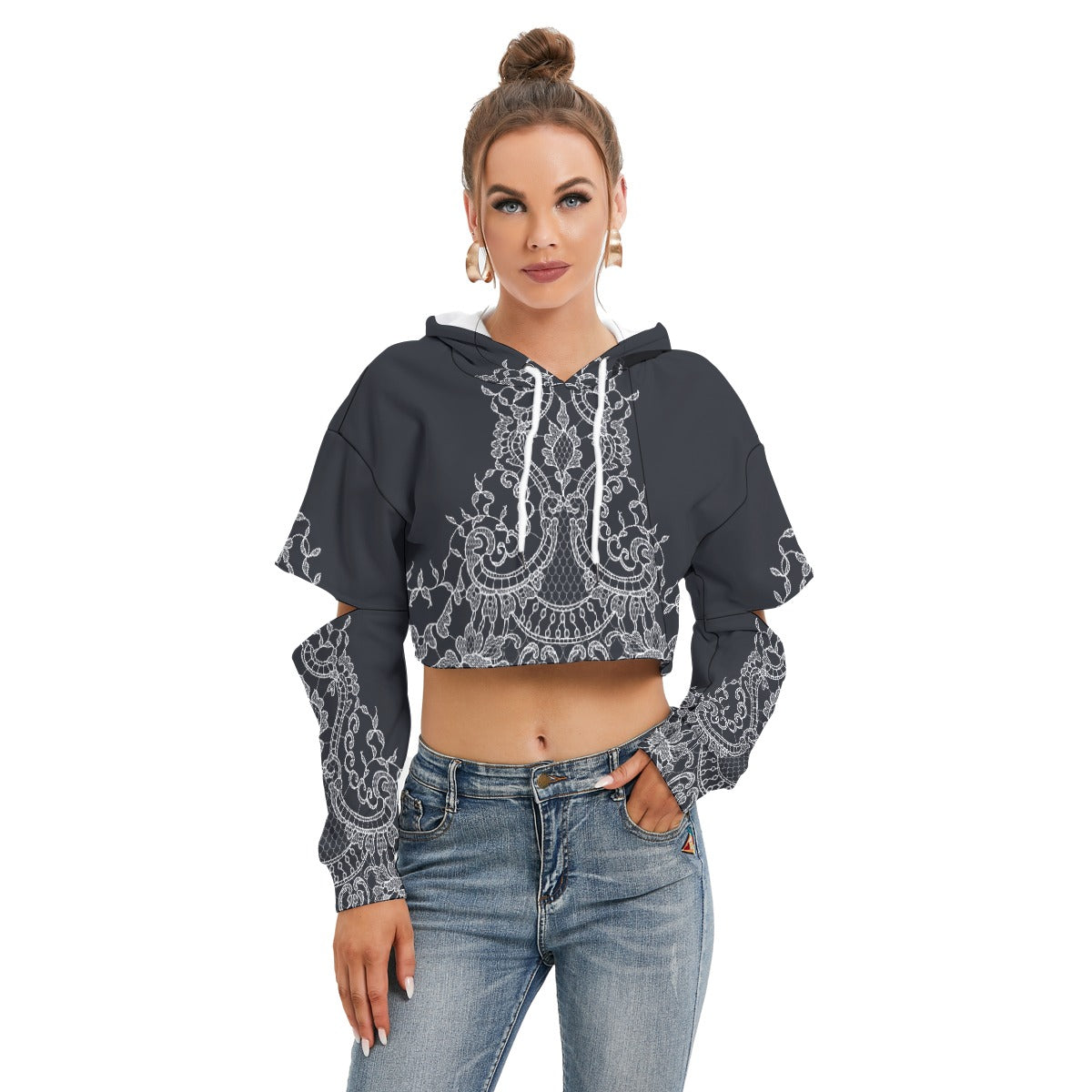 All-Over Print Women's Heavy Fleece Hoodie With Hollow Out Sleeve