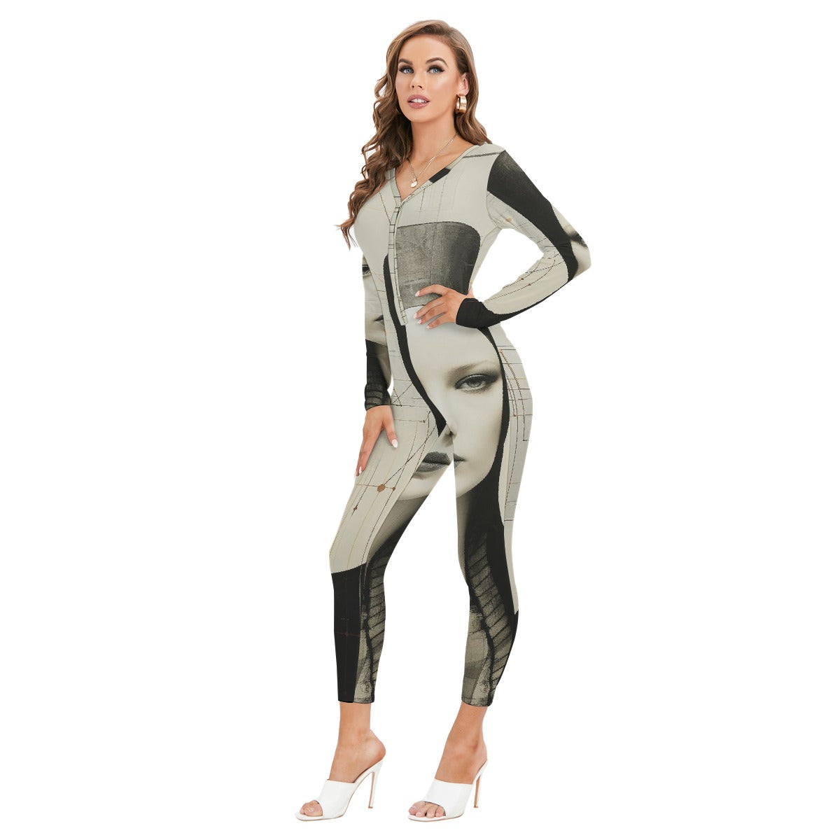 All-Over Print Women's Plunging Neck Jumpsuit