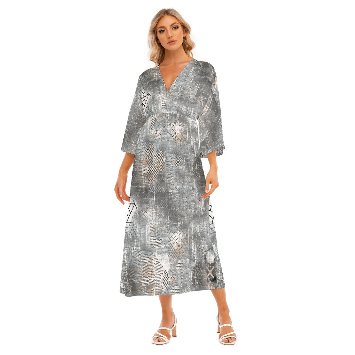 All-Over Print Women's Mid-Sleeve Long Dress