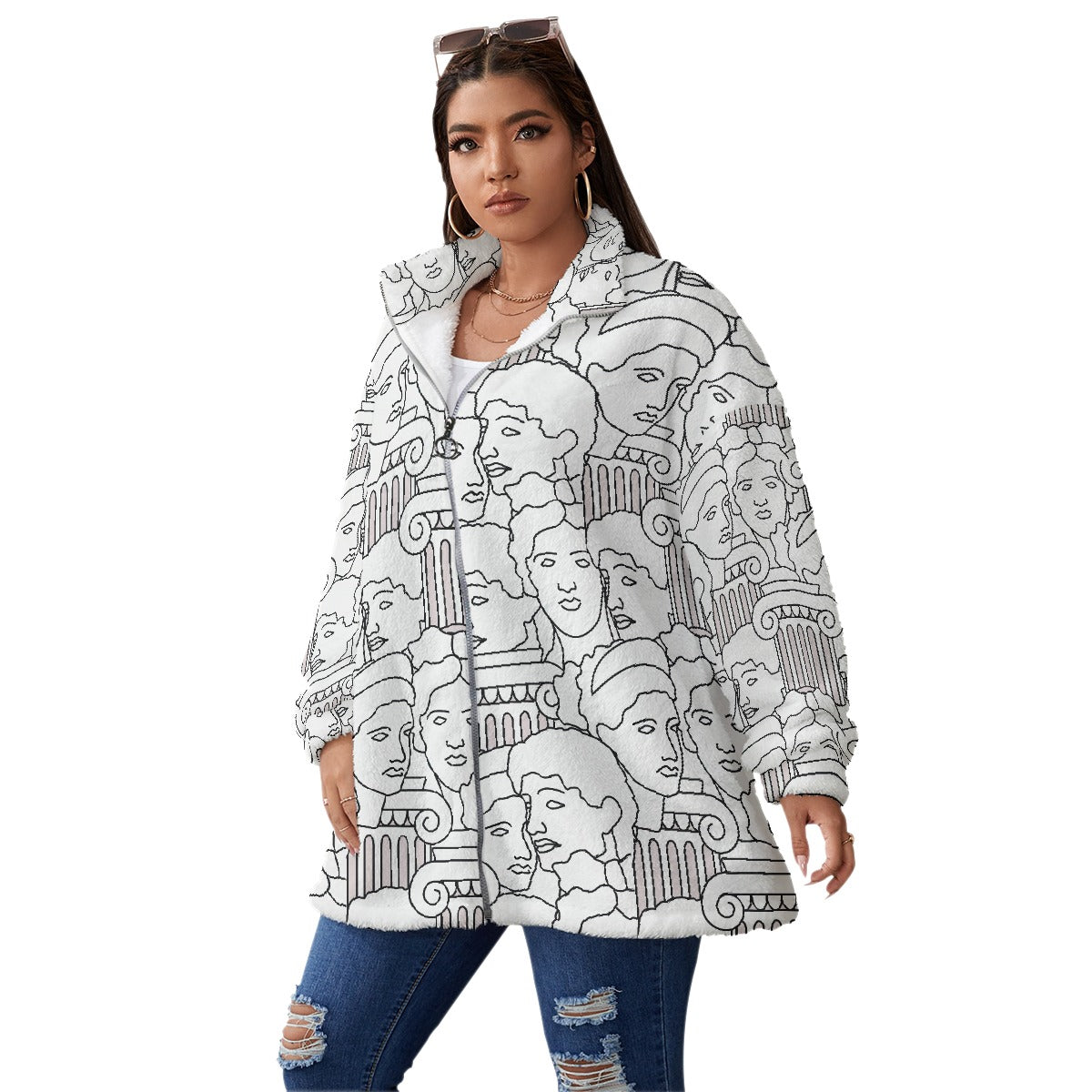 All-Over Print Unisex Borg Fleece Stand-up Collar Coat With Zipper Closure(Plus Size)
