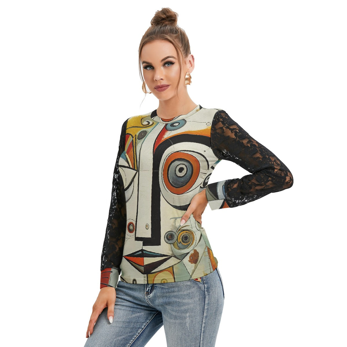 All-Over Print Women's T-shirt And Sleeve With Black Lace