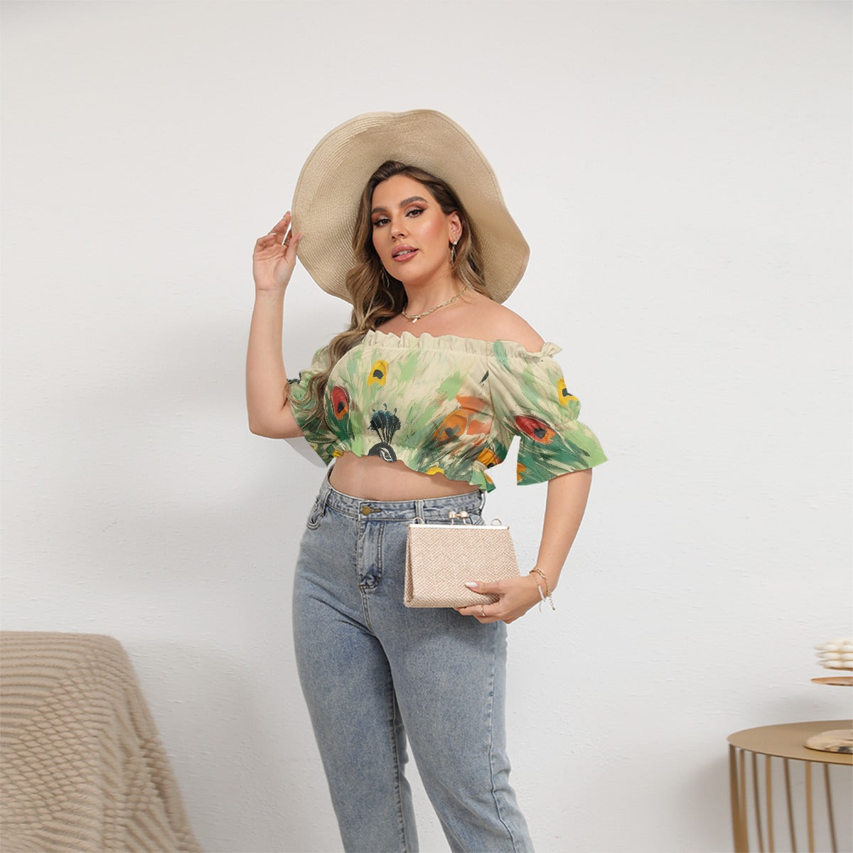 All-Over Print Women's Off-shoulder Cropped Top With Short Puff Sleeve