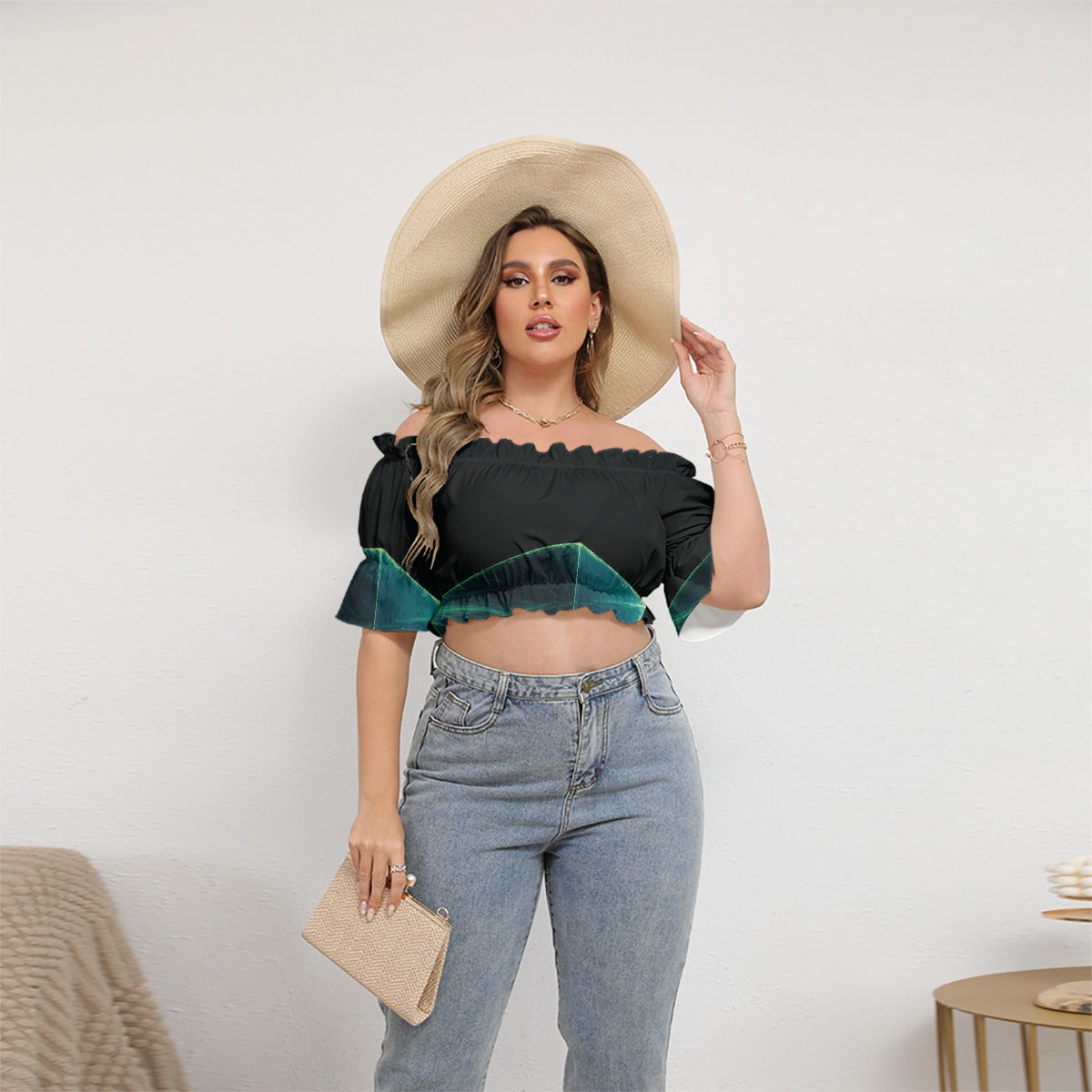 All-Over Print Women's Off-shoulder Cropped Top With Short Puff Sleeve