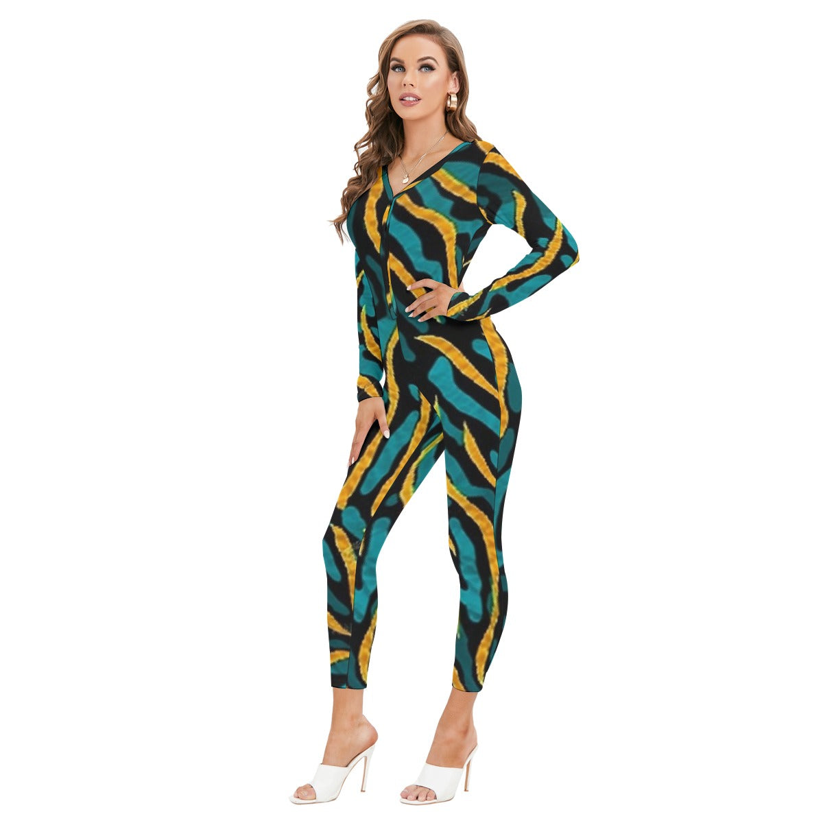 All-Over Print Women's Plunging Neck Jumpsuit