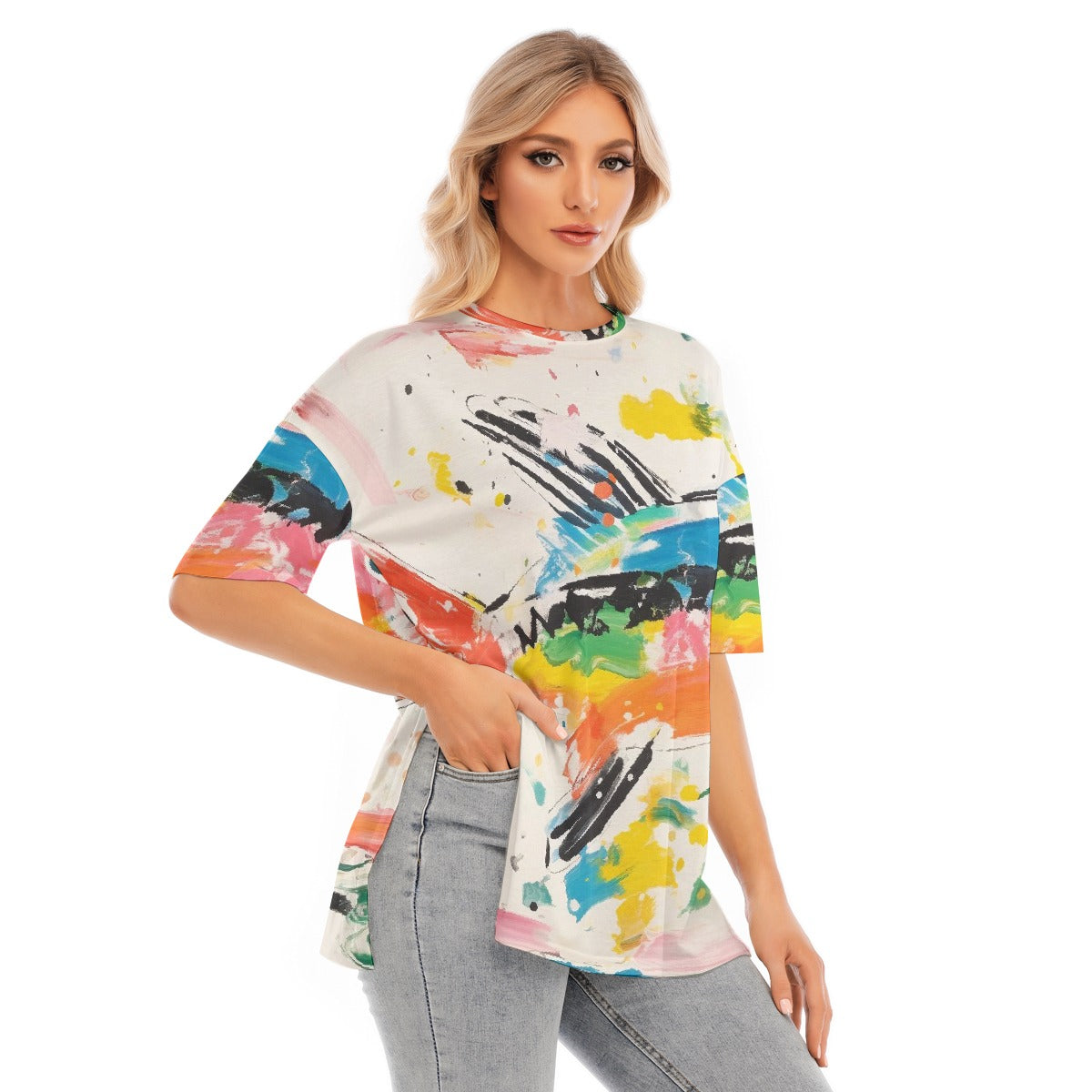 All-Over Print Women's Short Sleeves T-shirt With Hem Split