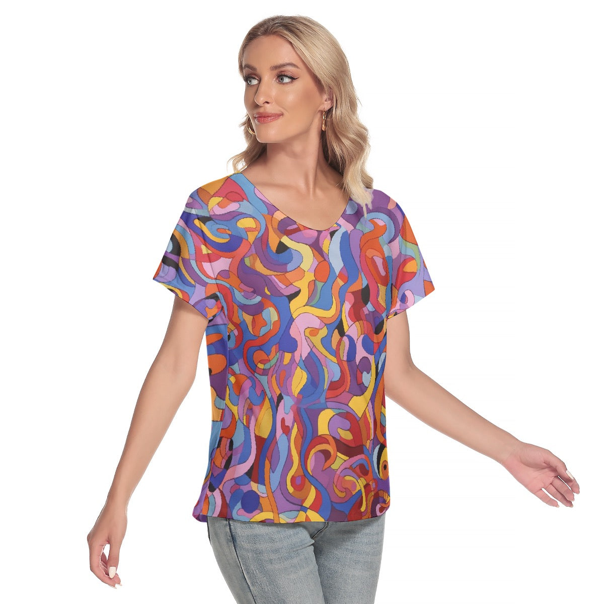 All-Over Print Women's Loose V-neck Short Sleeve T-shirt