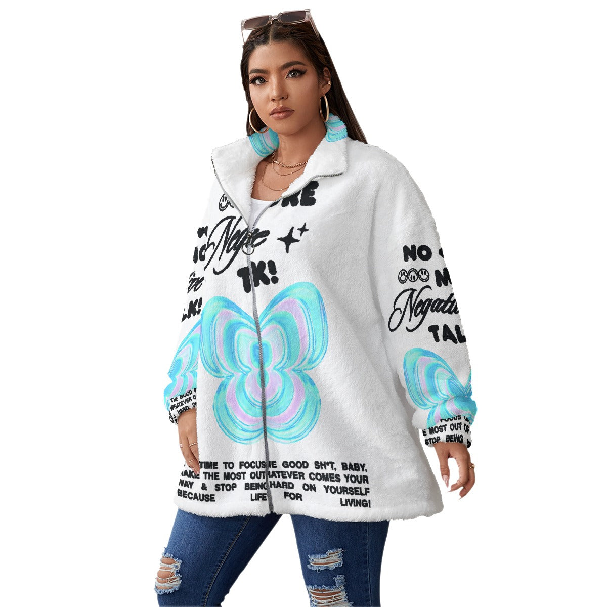 All-Over Print Unisex Borg Fleece Stand-up Collar Coat With Zipper Closure(Plus Size)