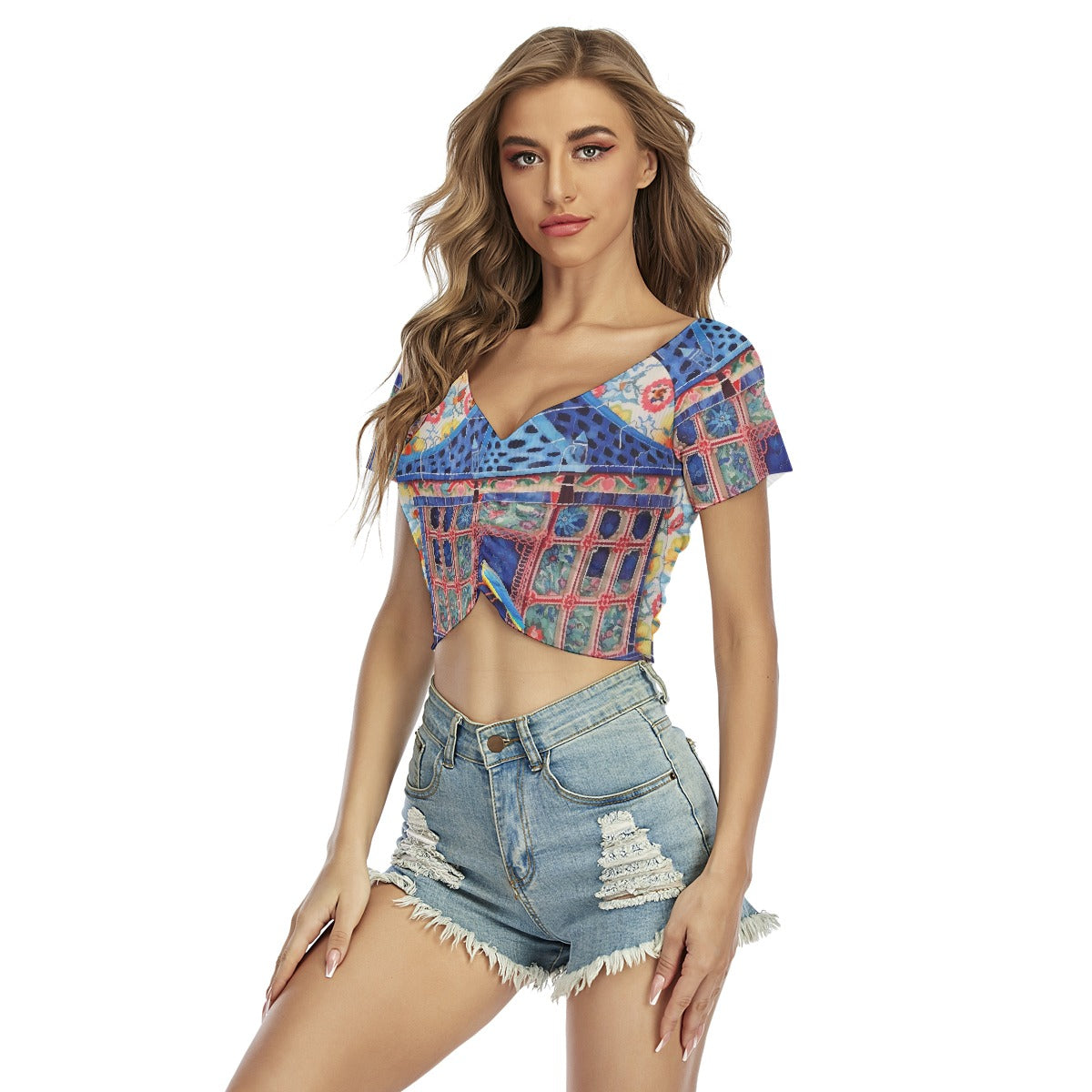 All-Over Print Women's Raglan Drawstring Front  Crop Tee