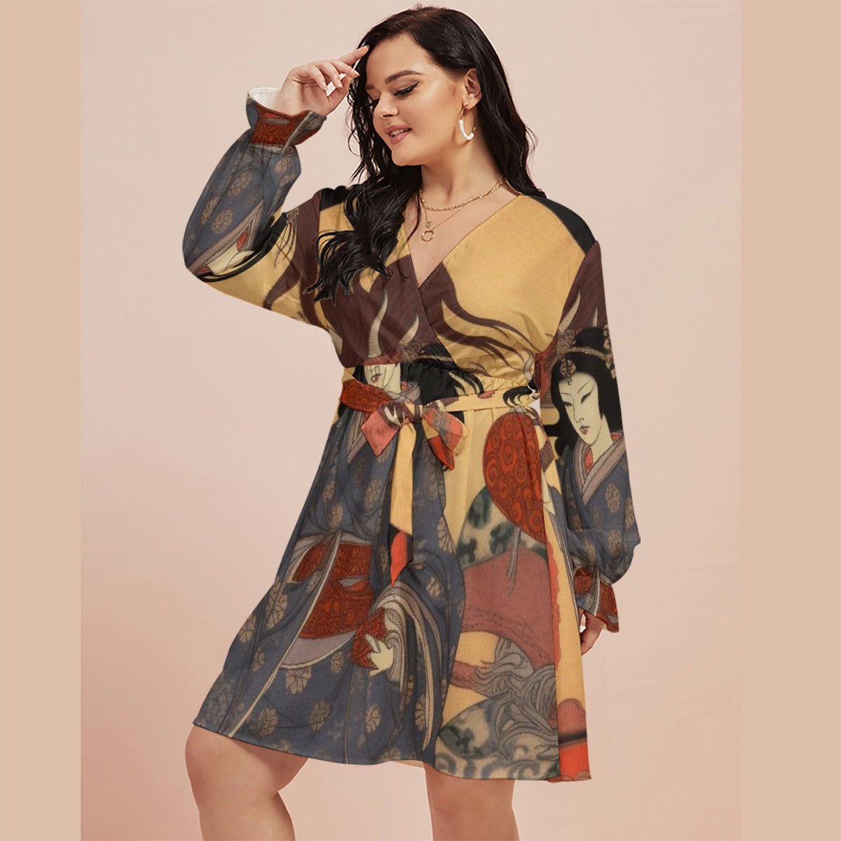 All-Over Print Women's V-neck Dress With Waistband(Plus Size)