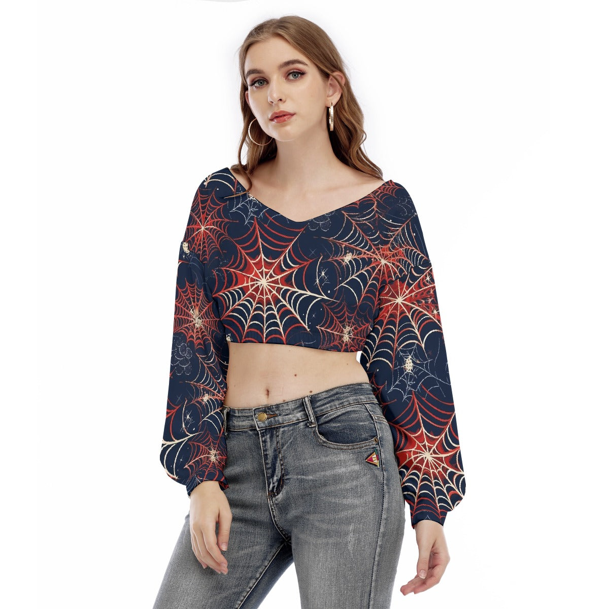 All-Over Print Women's V-neck Long Sleeve Cropped Sweatshirt