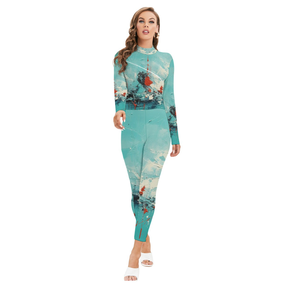 All-Over Print Women's Long-sleeved High-neck Jumpsuit With Zipper