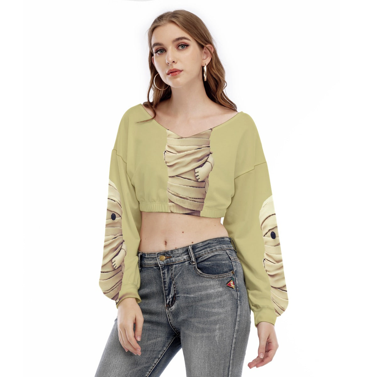 All-Over Print Women's V-neck Long Sleeve Cropped Sweatshirt