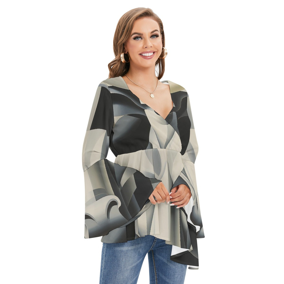All-Over Print Women's V-neck Blouse With Flared Sleeves