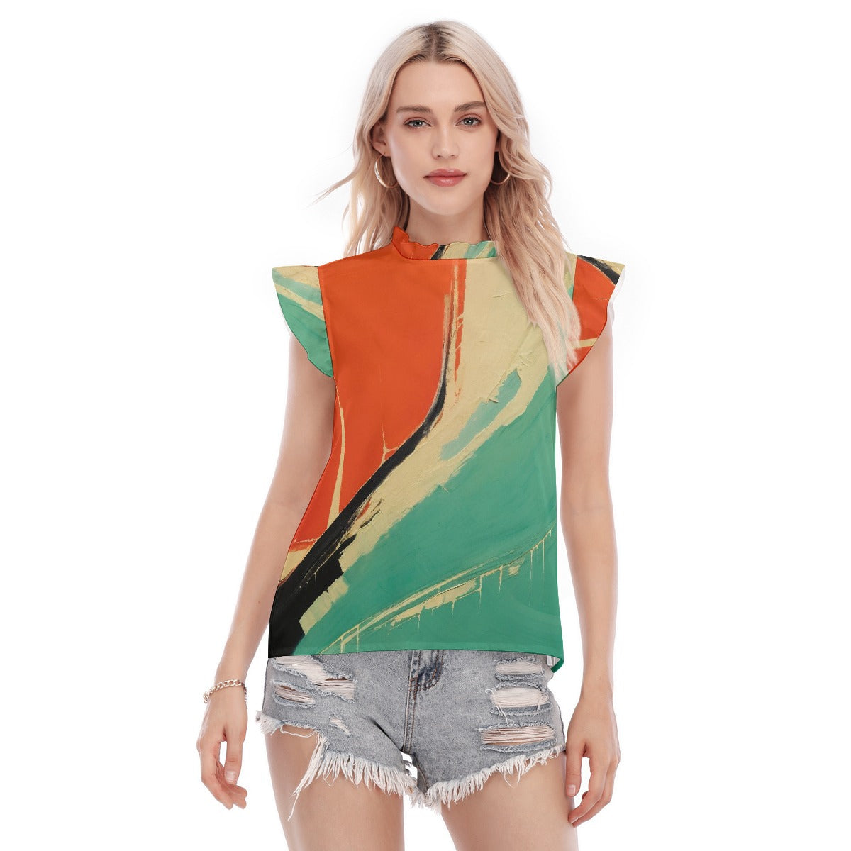 All-Over Print Women's Blouse With Ruffle Collar And Sleeve