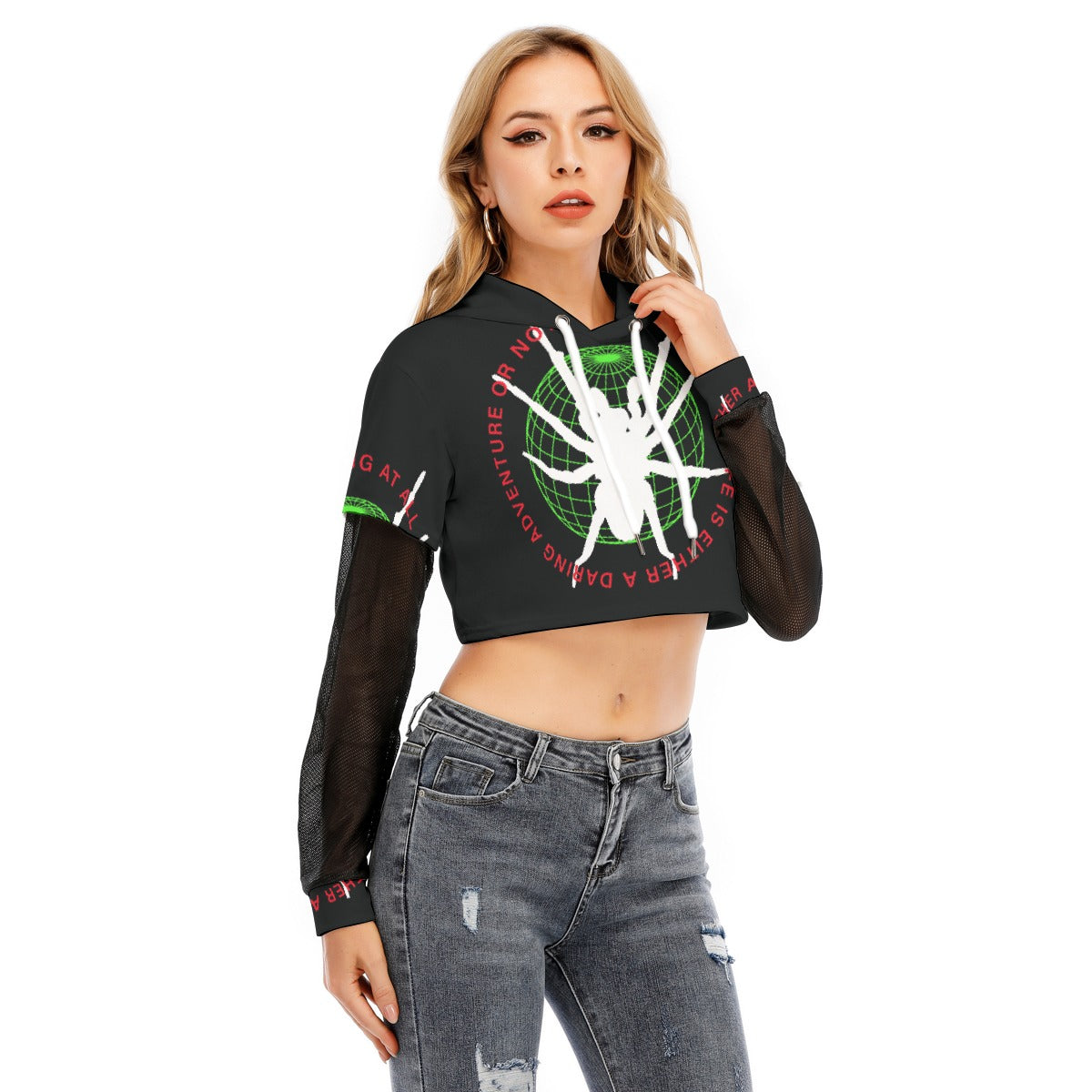All-Over Print Women's Fake Two-piece Mesh Sleeve Cropped Hoodie