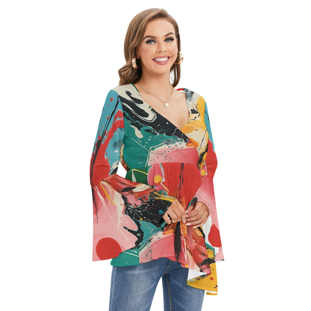 All-Over Print Women's V-neck Blouse With Flared Sleeves