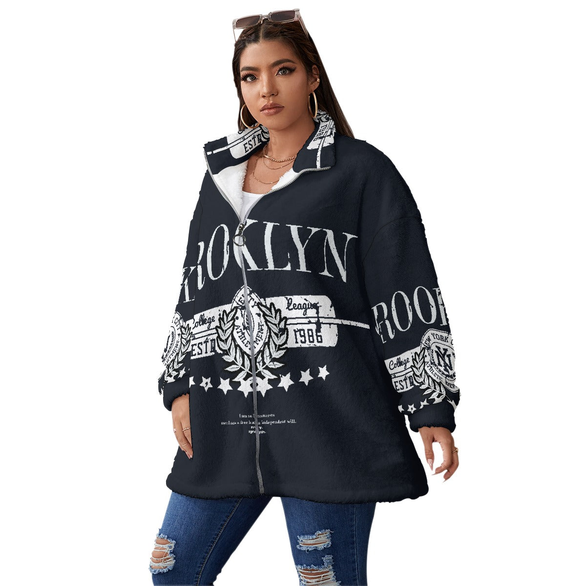 All-Over Print Unisex Borg Fleece Stand-up Collar Coat With Zipper Closure(Plus Size)