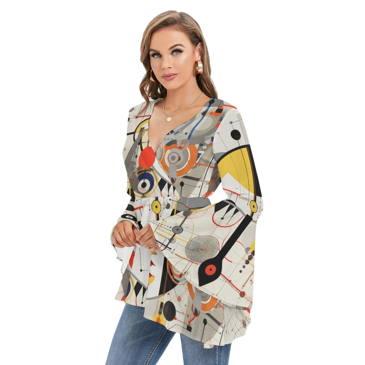 All-Over Print Women's V-neck Blouse With Flared Sleeves