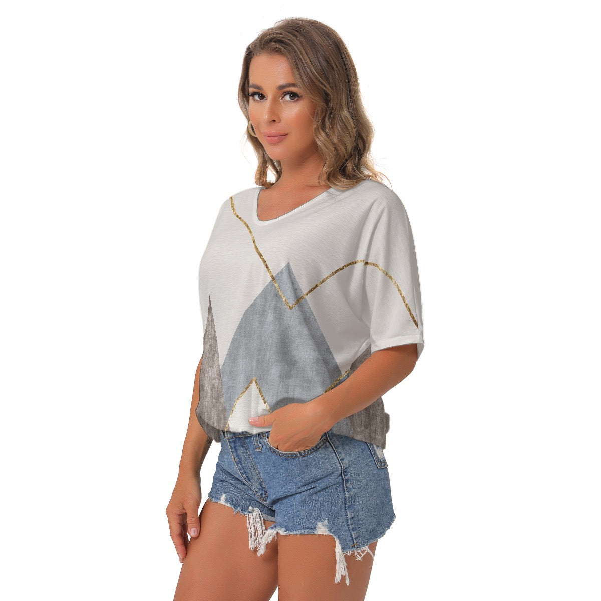 All-Over Print Women's Bat Sleeves V-Neck Blouse