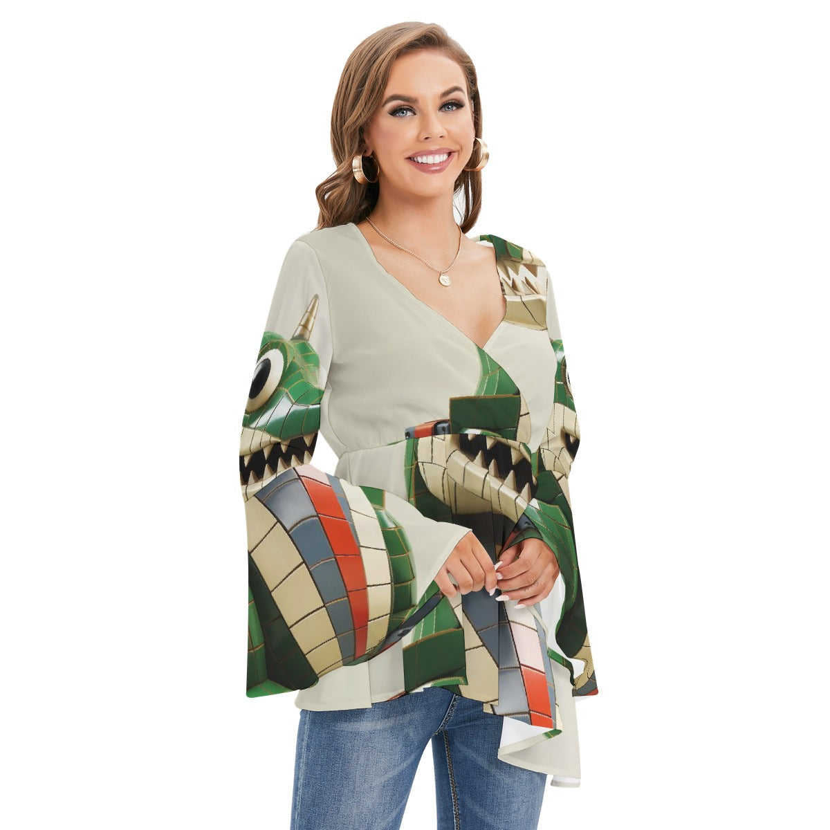 All-Over Print Women's V-neck Blouse With Flared Sleeves