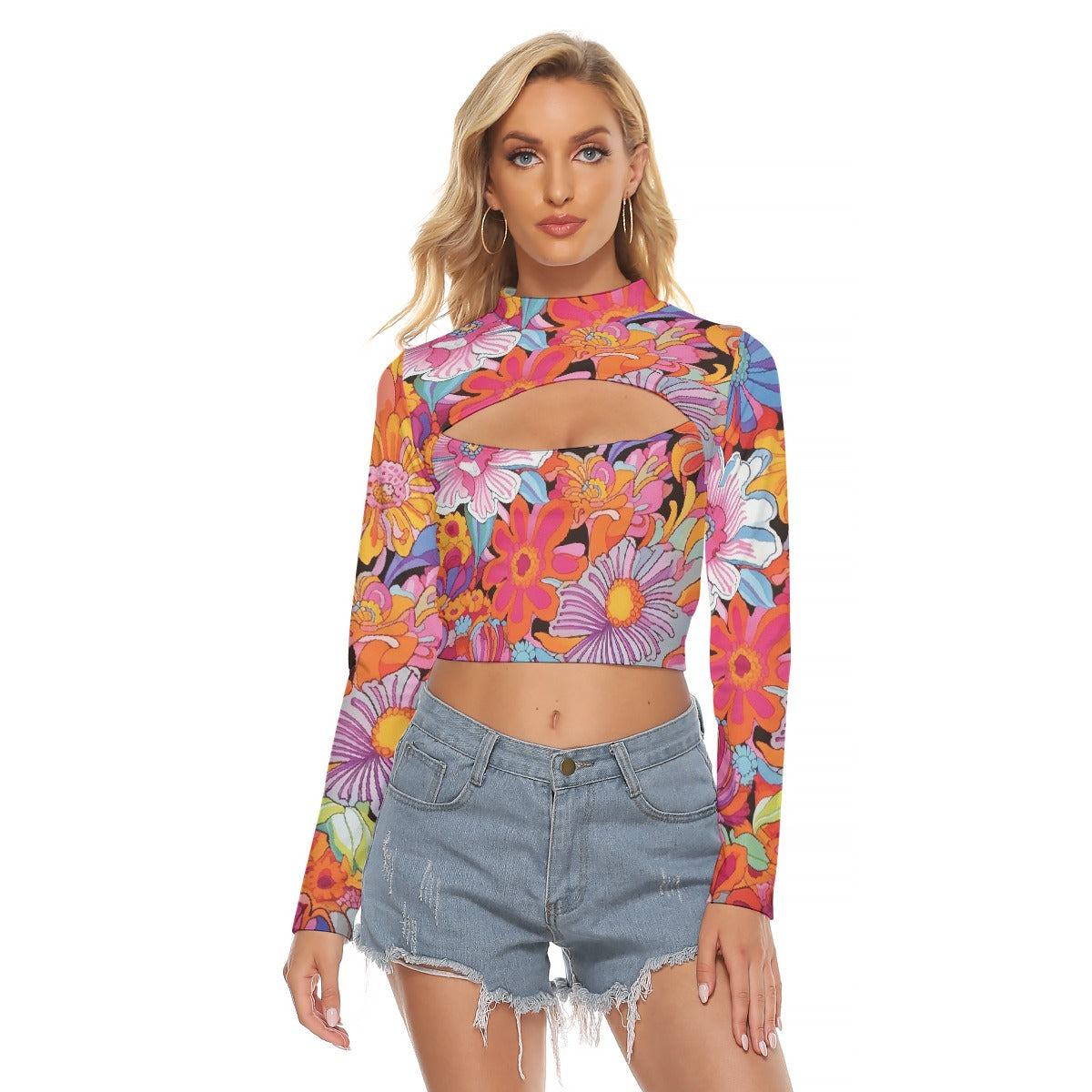 All-Over Print Women's Hollow Chest Keyhole Tight Crop Top