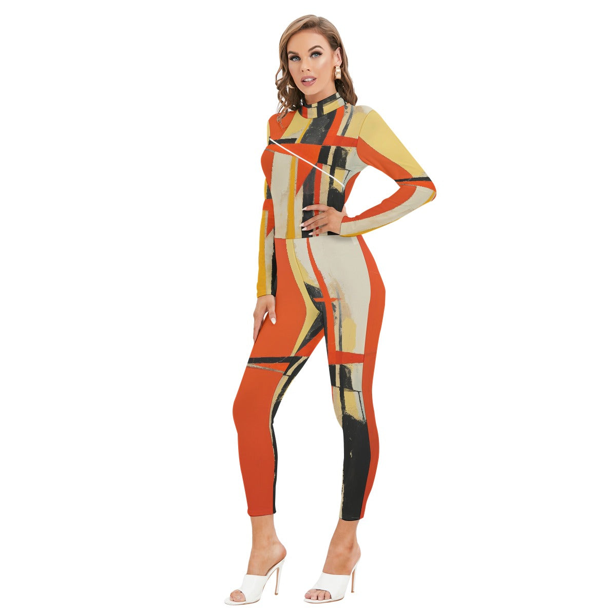 All-Over Print Women's Long-sleeved High-neck Jumpsuit With Zipper