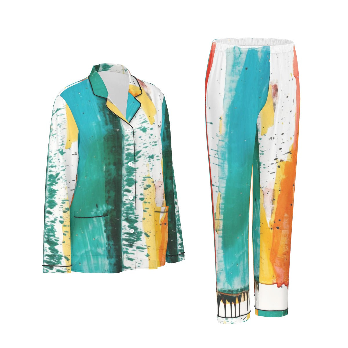 All-Over Print Women's Long Sleeve Pajama Set With Black Contrast Piping