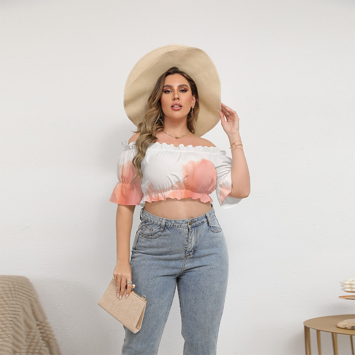 All-Over Print Women's Off-shoulder Cropped Top With Short Puff Sleeve