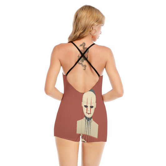 All-Over Print Women's Backless Romper With Black Straps