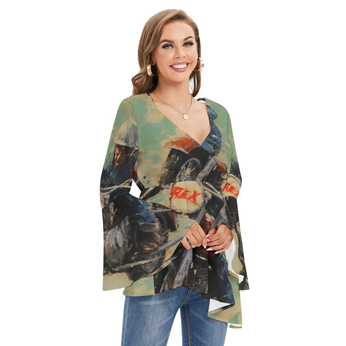 All-Over Print Women's V-neck Blouse With Flared Sleeves
