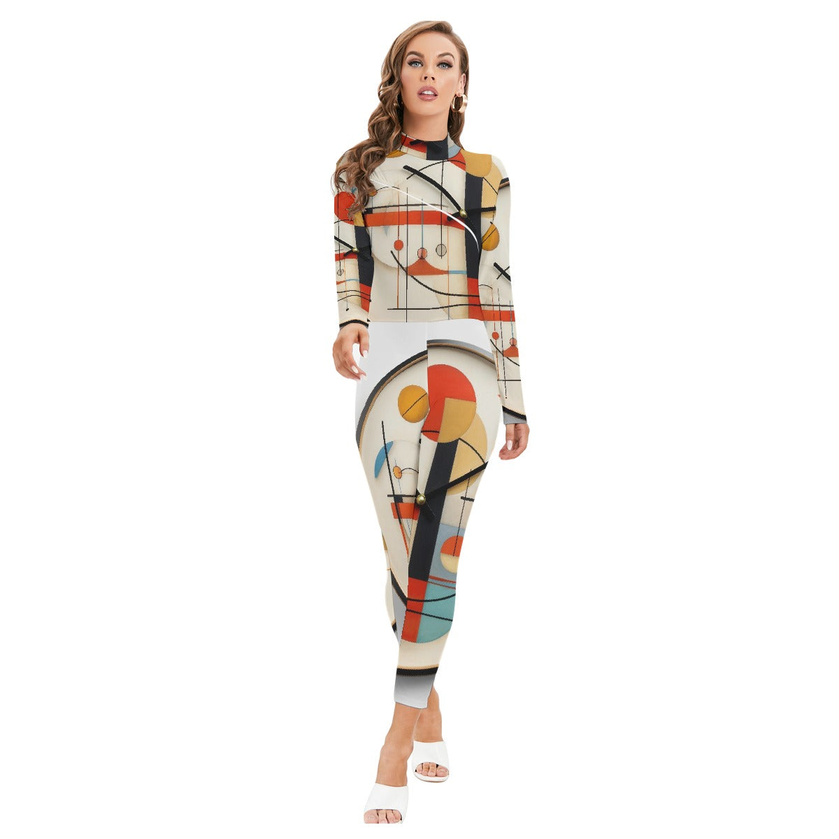 All-Over Print Women's Long-sleeved High-neck Jumpsuit With Zipper