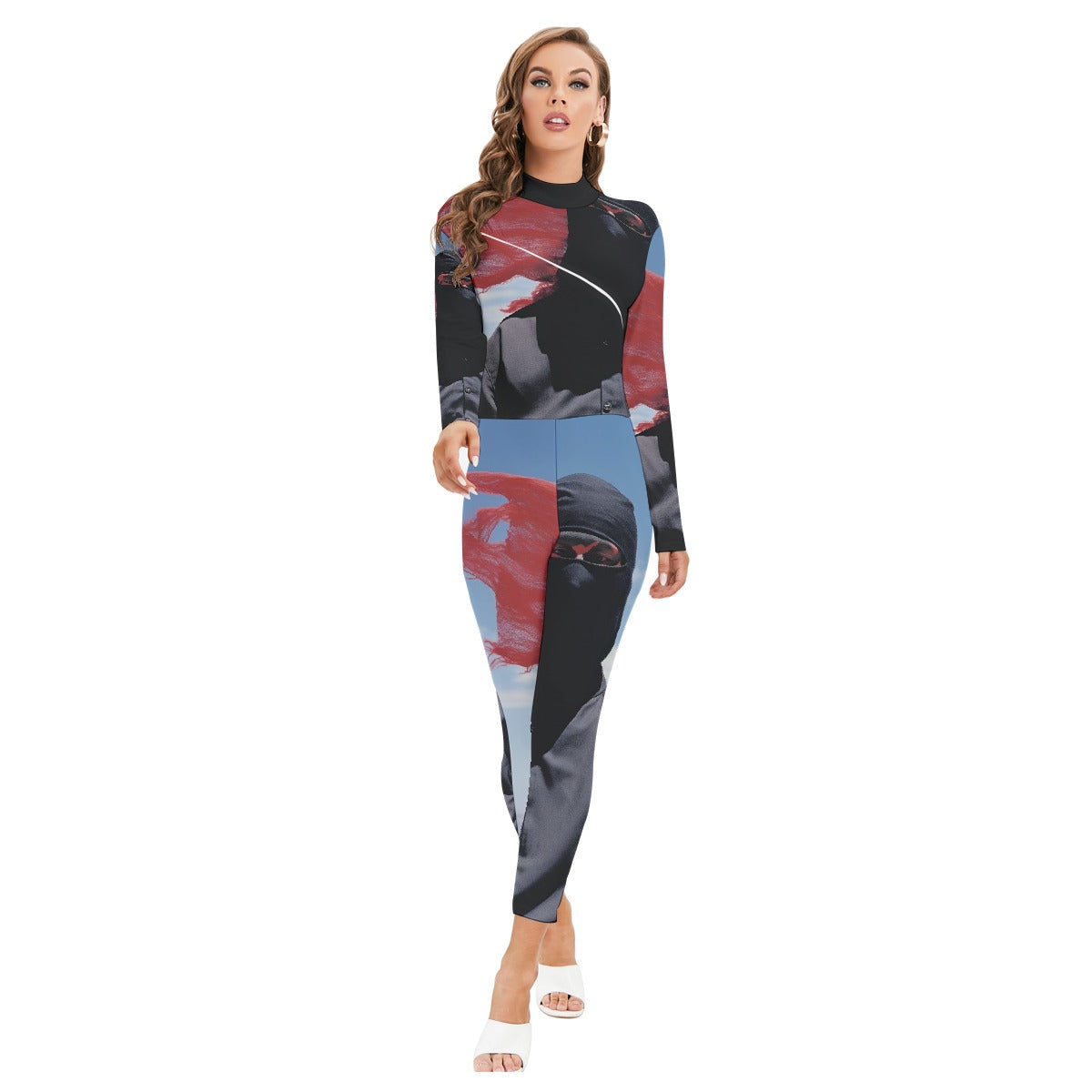 All-Over Print Women's Long-sleeved High-neck Jumpsuit With Zipper