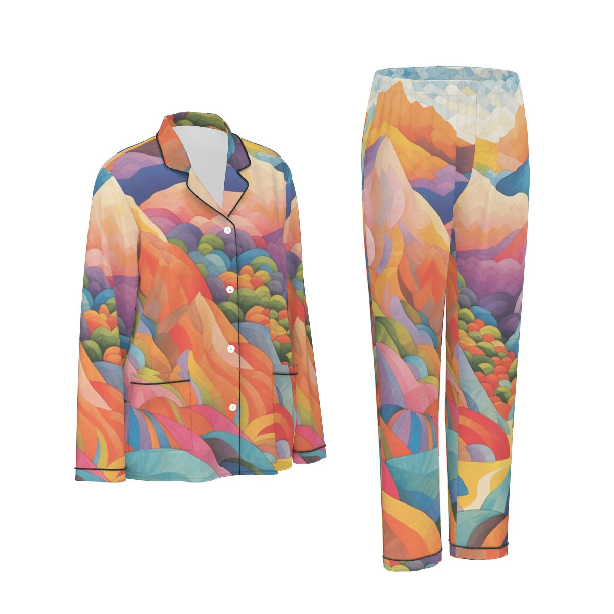 All-Over Print Women's Long Sleeve Pajama Set With Black Contrast Piping