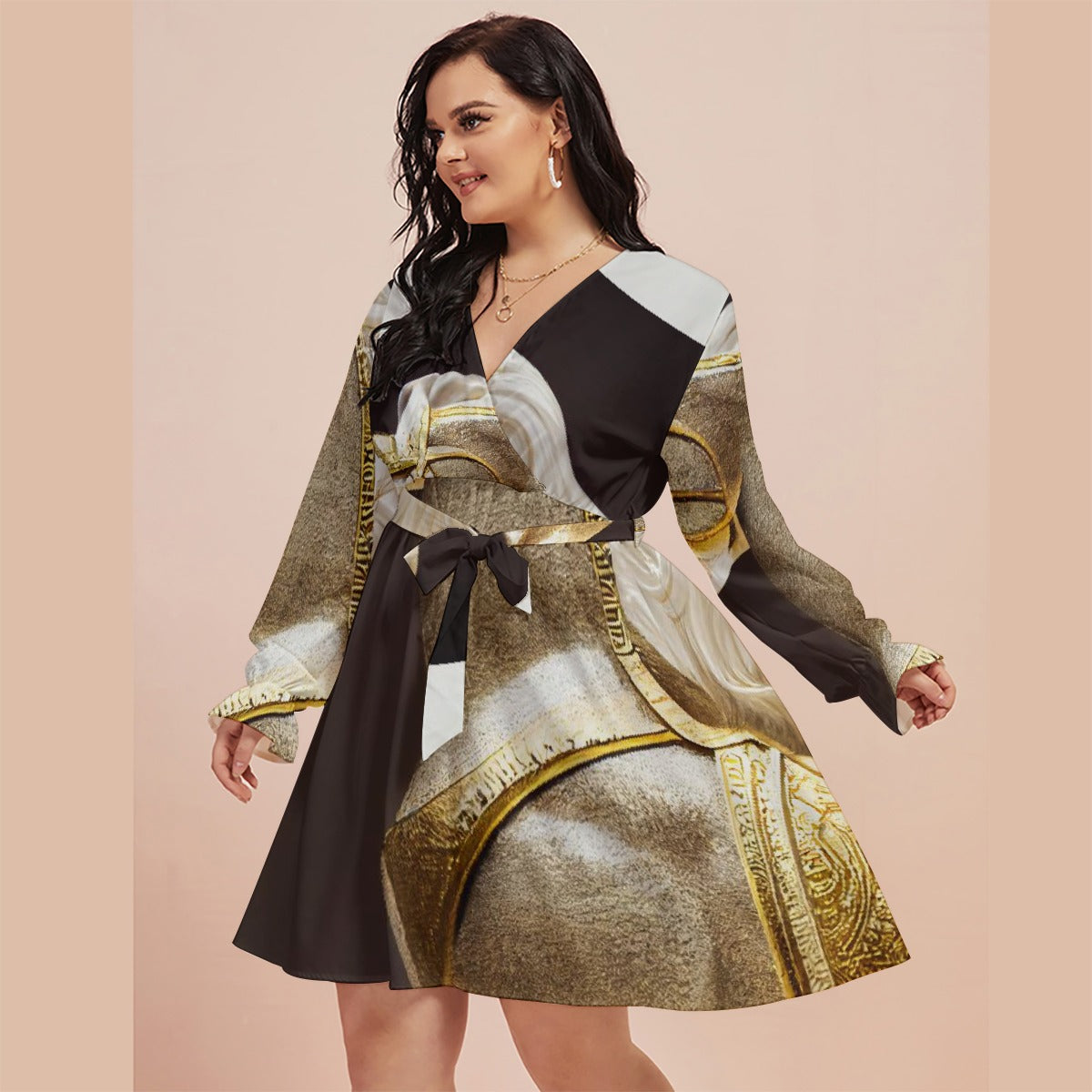 All-Over Print Women's V-neck Dress With Waistband(Plus Size)