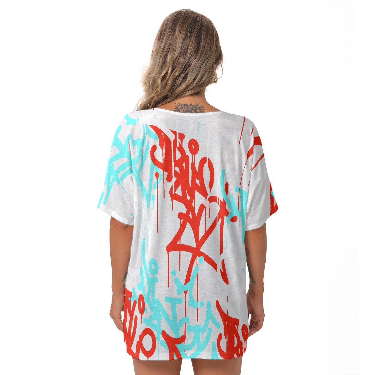 All-Over Print Women's Bat Sleeves V-Neck Blouse