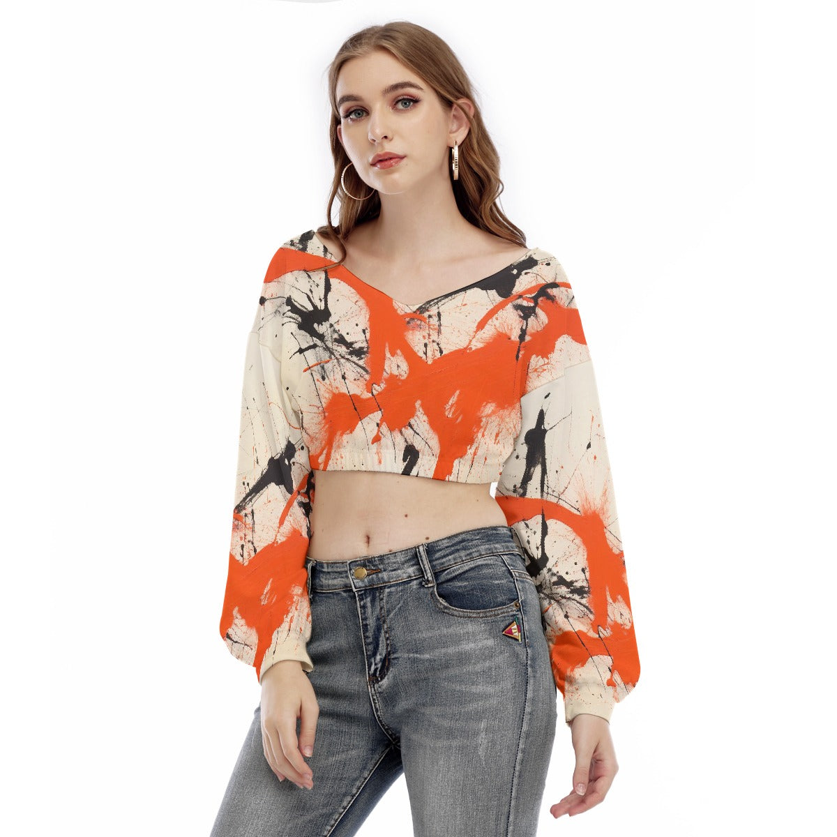 All-Over Print Women's V-neck Long Sleeve Cropped Sweatshirt