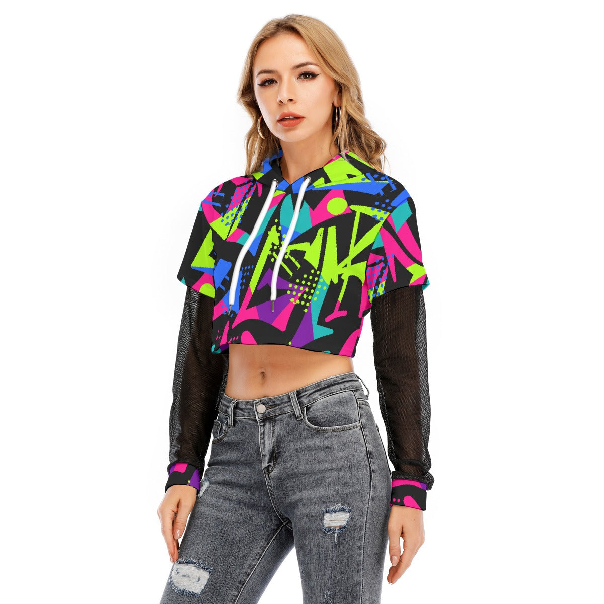 All-Over Print Women's Fake Two-piece Mesh Sleeve Cropped Hoodie