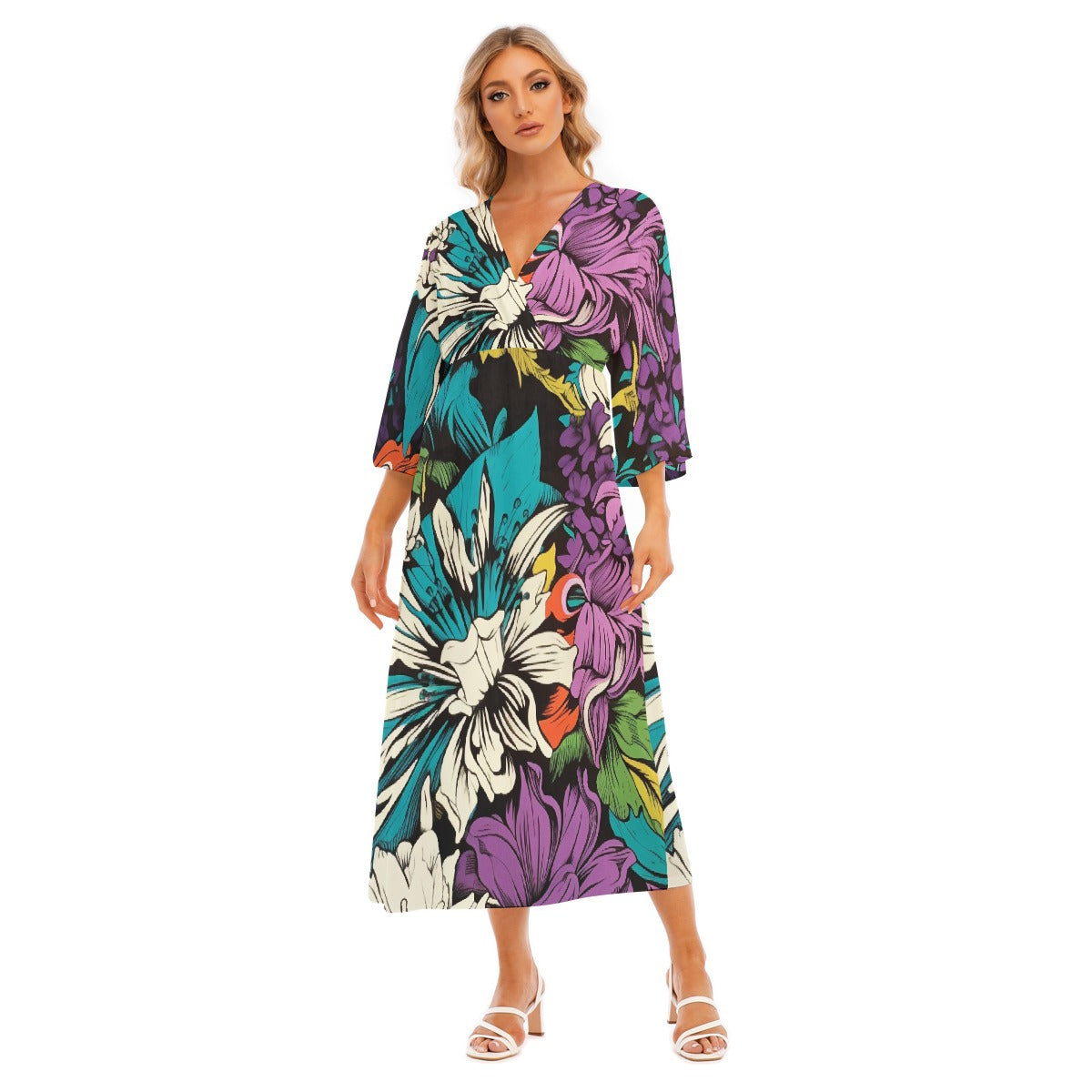 All-Over Print Women's Mid-Sleeve Long Dress