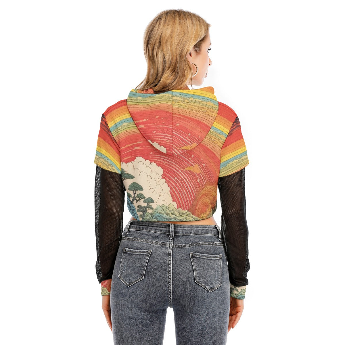 All-Over Print Women's Fake Two-piece Mesh Sleeve Cropped Hoodie