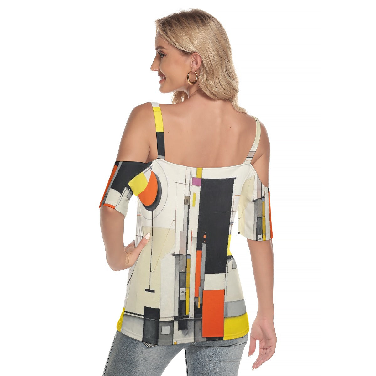 All-Over Print Women's Cold Shoulder T-shirt With Criss Cross Strips