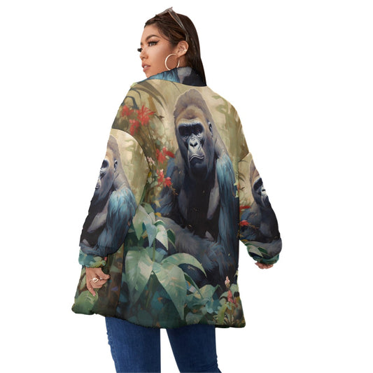 All-Over Print Unisex Borg Fleece Stand-up Collar Coat With Zipper Closure(Plus Size)