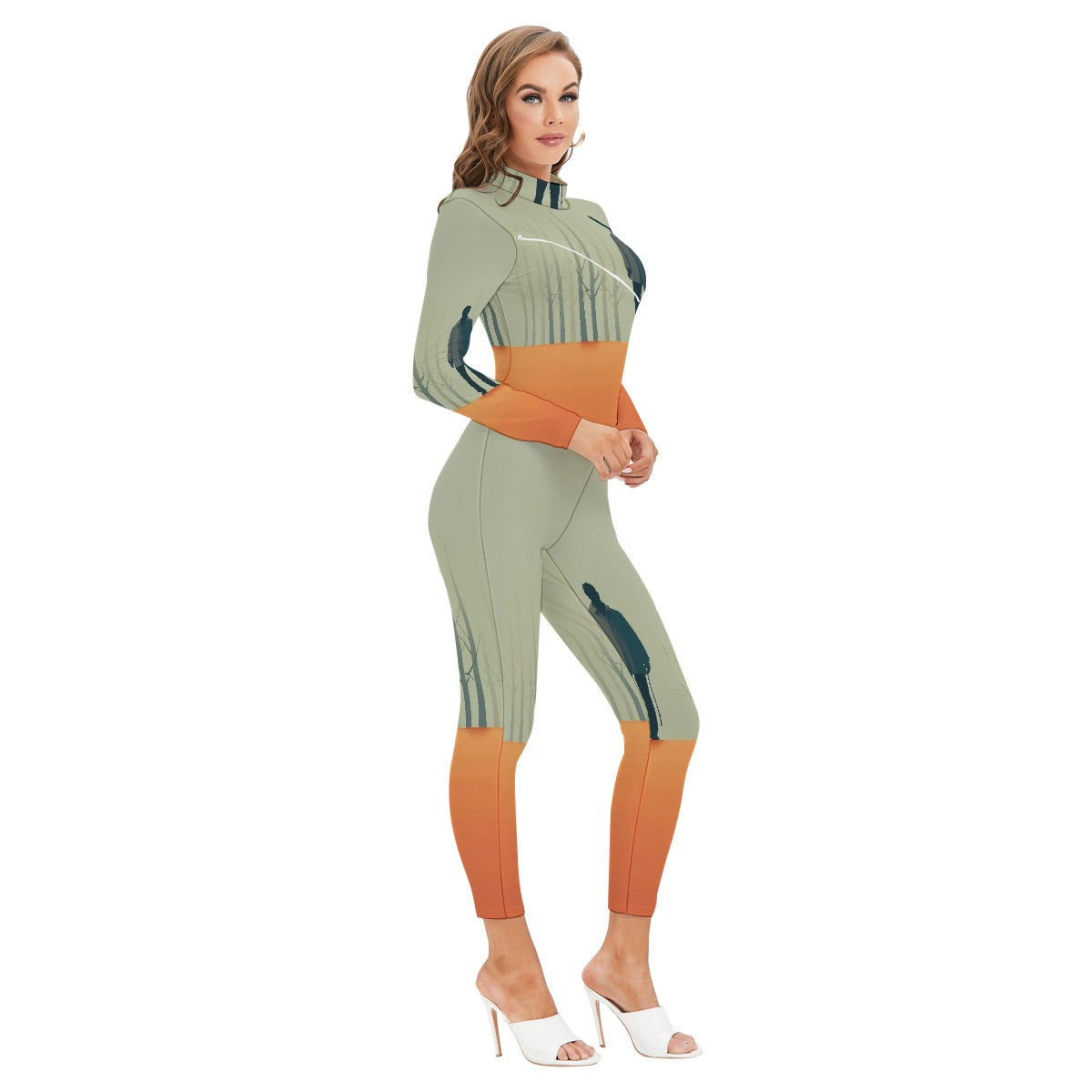 All-Over Print Women's Long-sleeved High-neck Jumpsuit With Zipper